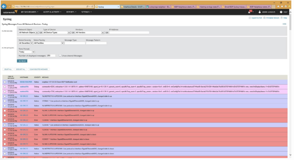 Syslog messages in SolarWinds